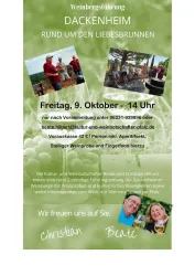 Programm zur Weinbergswanderung rund um den Liebesbrunnen mit den beiden Kultur- und Weinbotschaftern Beate u. Christian Hilbert. Zwei Bilder mit je einer Gästegruppe.