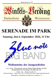 Plakat mit Programm - Blue Note BIG BAND - Meilensteine der Jazzgeschichte und anschließender Wanderung rund um Weingut mit allen Informationen.