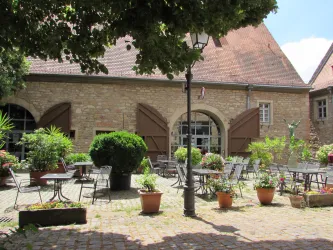 Ein Bild des Von- Busch- Hofs und dem dazu gehörigen, gepflasterten Innenhof.