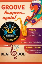 Konzertplakat der BoBtones aus Bobenheim/Bg. Konzertankündigung mit Bild eines Saxophons aus dem Musiknoten fliegen.
