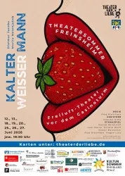 Plakat zum Theatersommer Kalter weisser Mann. Ein geöffneter Mund mit einer Erdbeere.