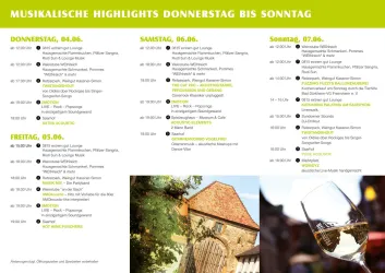 Eine Übersicht von musikalischen Highlights mit Terminen von Donnerstag bis Sonntag. In der Mitte ein Bild von einem Glas Sekt vor einer malerischen Kulisse.