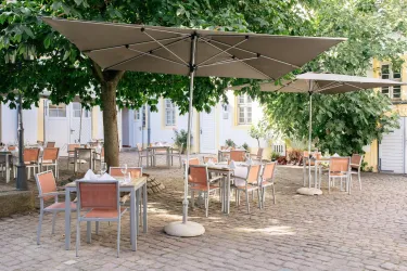 Innenhof mit Bäumen, Sonnenschirmen und Bestuhlung