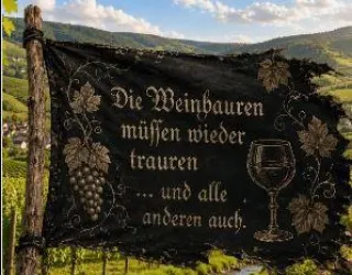 Ein schwarzes Tuch mit goldener Schrift, einem Weinglas, Trauben und Blättern