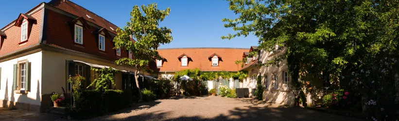 Eine idyllische Unterkunft mit mehreren Gebäuden und grünem Garten. Der klare blaue Himmel und die sonnige Atmosphäre schaffen eine einladende Stimmung.