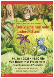 Plakat mit Dschungelmotiv im Hintergrund, einem kleinen Äffchen, einer grünen Schlange, einer lila Blume und einem kleinen blauen Wesen  