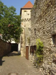 Eine schmale Gasse zwischen alten Steinfassaden und einem Baum. Am Ende der Gasse ist ein Turm sichtbar.