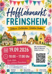 Plakat zum Hofflohmarkt in Freinsheim mit hist. Häusern, Termin und Uhrzeit 