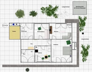 Eine Übersicht des Grundrisses eines Hauses mit mehreren Räumen. Bereiche umfassen ein Wohnzimmer, eine Küche, ein Schlafzimmer und eine Sauna.