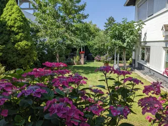 Ein schöner Garten mit bunten Blumen und sattem Grün. Im Hintergrund sind Bäume und ein helles Haus sichtbar.