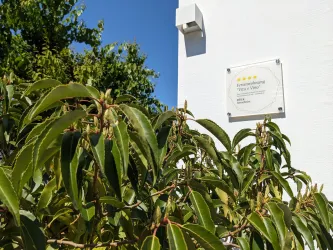 Ein grüner Strauch vor einer weißen Wand. Darüber befindet sich ein Schild mit einer Hotelbewertung.