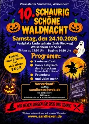 Plakat zur schaurig schönen Waldnacht der Weisenheimer Sandhexen mit Programm, Kürbissen, einem Gespenst und einer Hexe auf ihrem Besenstiel.