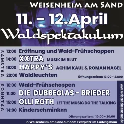 Ein Veranstaltungsplakat für das Waldspektakulum in Weisenheim am Sand. Die Daten und Programme für Samstag und Sonntag sind klar aufgelistet.
