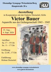 Plakat zur Ausstellung von Victor Bauer mit Öfnungszeiten der Ausstellung und einer Abbildung von mehreren gezeichneten Menschen
