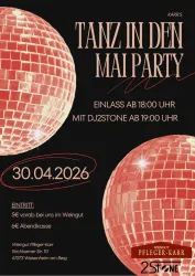 <p>Plakat zum Tanz in den Mai mit rosa Discokugel, Öffnungszeiten und Preisen </p>