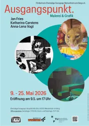 Ein Plakat für eine Kunstausstellung mit dem Titel "Ausgangspunkt". Es zeigt verschiedene künstlerische Werke und Informationen zur Veranstaltung, die vom 9. bis 25. Mai 2026 stattfindet.