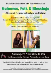 Ein Plakat für ein Frühlingskonzert mit dem Titel "Guinness, Folk & Blessings". Es zeigt Informationen über die Veranstaltung, darunter das Datum, die Uhrzeit und die Künstler.