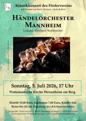 Ein Poster für ein Klassikkonzert des Händelorchesters Mannheim. Es enthält Informationen über das Datum, die Uhrzeit und den Eintrittspreis für das Konzert.
