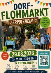 Plakat mit Tischen und Flohmarktartikeln, wie Kinderkleidung und  Kinderspielsachen 