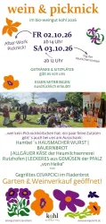 Ein Flyer für ein Wein- und Picknick-Event im bio-weingut Kohl. Das Event lädt zu einem geselligen Zusammensein mit Getränken, Snacks und der Möglichkeit, eigenes Essen mitzubringen.