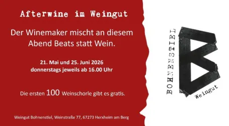 Plakat mit Text Afterwine im Weingut und Adresse 