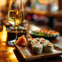 Ein schön dekorierter Tisch  mit einem Glass Wein und einen Teller Sushi darauf.
