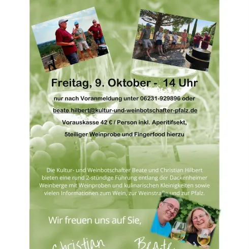 Programm zur Weinbergswanderung rund um den Liebesbrunnen mit den beiden Kultur- und Weinbotschaftern Beate u. Christian Hilbert. Zwei Bilder mit je einer Gästegruppe.