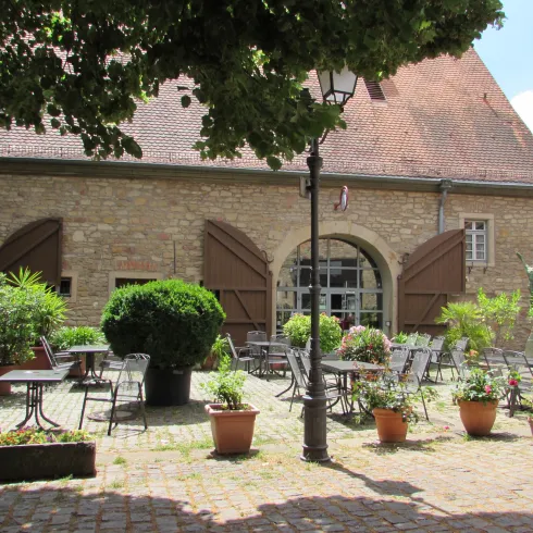 Ein Bild des Von- Busch- Hofs und dem dazu gehörigen, gepflasterten Innenhof.