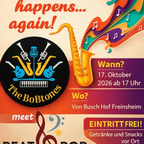 Konzertplakat der BoBtones aus Bobenheim/Bg. Konzertankündigung mit Bild eines Saxophons aus dem Musiknoten fliegen.
