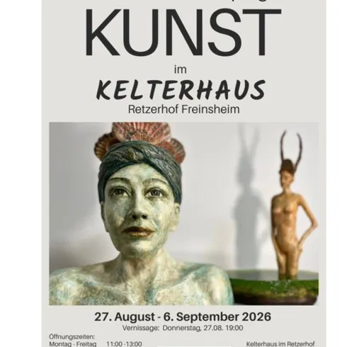 Ein Plakat für eine Kunstausstellung von Kristine Talamo-Spiegel im Kelterhaus in Freinsheim. Die Ausstellung findet vom 27. August bis 6. September 2026 statt.