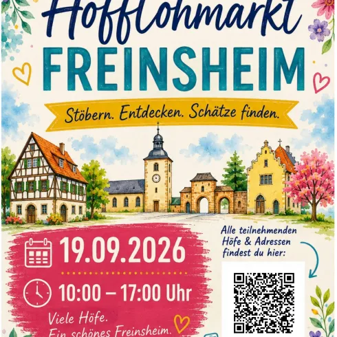 Plakat zum Hofflohmarkt in Freinsheim mit hist. Häusern, Termin und Uhrzeit 