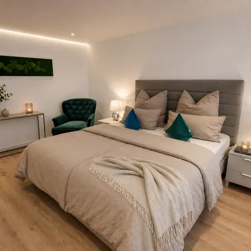 Ein modernes Schlafzimmer mit einem großen Bett und gemütlichen Kissen. Grüner Sessel und stilvolle Beleuchtung sorgen für eine einladende Atmosphäre.
