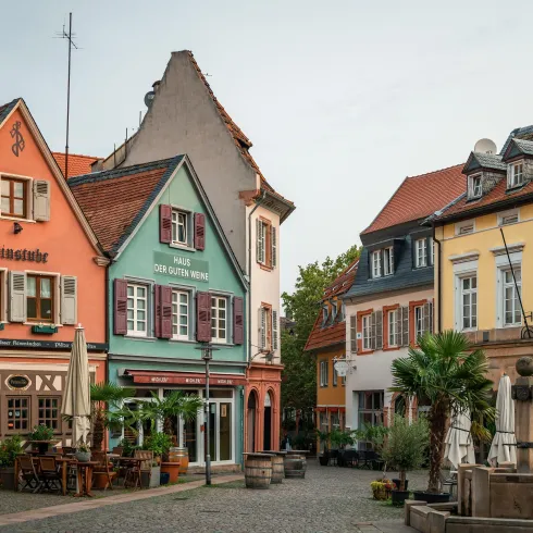 Ein malerischer Platz mit bunten Fachwerkhäusern und Restaurants. Die Umgebung ist mit Pflanzen und Blumen geschmückt und vermittelt eine gemütliche Atmosphäre.