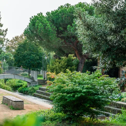 Eine ruhige Gartenlandschaft mit grünen Bäumen und Sträuchern. Im Hintergrund ist eine kleine Brücke und ein gepflasterter Weg sichtbar.