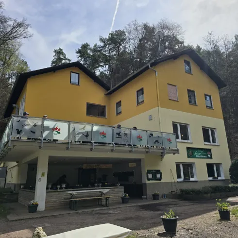 Ein gelbes Gebäude mit mehreren Fenstern und einem Balkon. Umgeben von Bäumen und einem gepflasterten Bereich.