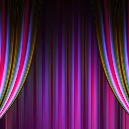 <p>Theatervorhang in pink, blau, gelb und grün gestreift.</p>