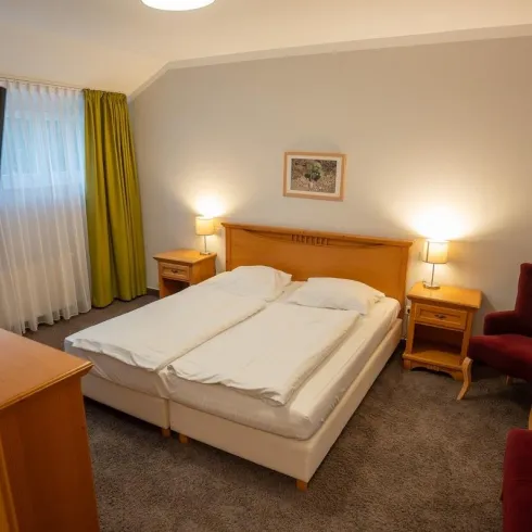 Doppelzimmer Standart mit einem Doppelbett, einem Schrank und einem Schreibtisch