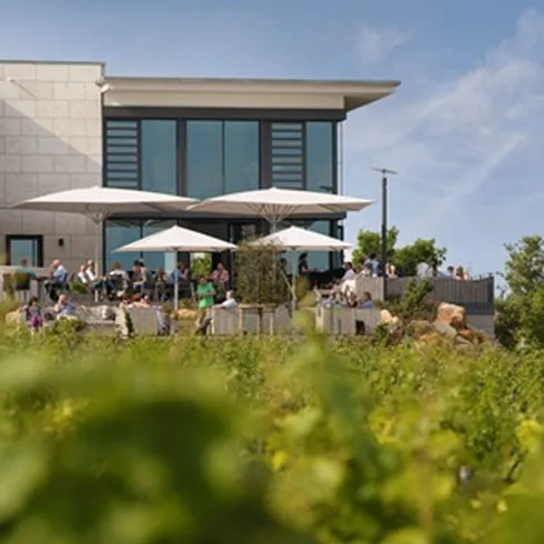 Ein grüner Außenbereich eines Restaurants mit Außenbestuhlung und weißen Sonnenschirmen.